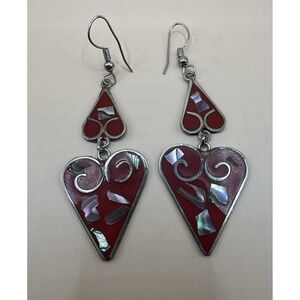 Vintage Mexico Probable Sterling Silver Red Abalone Heart Dangle Earrings